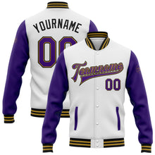 Load image into Gallery viewer, Custom White Purple Old Gold-Black Bomber Full-Snap Varsity Letterman Two Tone Jacket