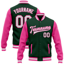 Load image into Gallery viewer, Custom Green White-Pink Bomber Full-Snap Varsity Letterman Two Tone Jacket