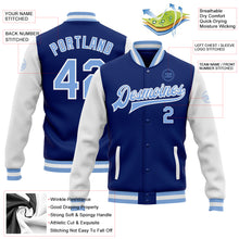 Load image into Gallery viewer, Custom Royal Light Blue-White Bomber Full-Snap Varsity Letterman Two Tone Jacket