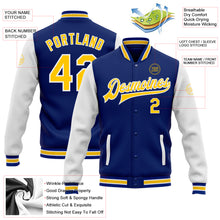 Load image into Gallery viewer, Custom Royal Yellow-White Bomber Full-Snap Varsity Letterman Two Tone Jacket