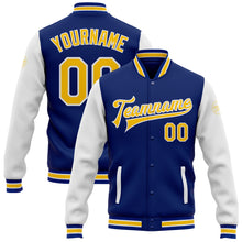 Load image into Gallery viewer, Custom Royal Yellow-White Bomber Full-Snap Varsity Letterman Two Tone Jacket