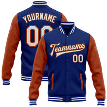 Load image into Gallery viewer, Custom Royal White-Texas Orange Bomber Full-Snap Varsity Letterman Two Tone Jacket