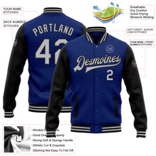 Load image into Gallery viewer, Custom Royal Gray-Black Bomber Full-Snap Varsity Letterman Two Tone Jacket