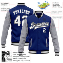 Load image into Gallery viewer, Custom Royal White Black-Gray Bomber Full-Snap Varsity Letterman Two Tone Jacket