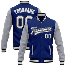 Load image into Gallery viewer, Custom Royal White Black-Gray Bomber Full-Snap Varsity Letterman Two Tone Jacket