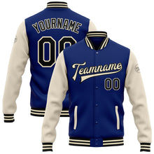 Load image into Gallery viewer, Custom Royal Black-Cream Bomber Full-Snap Varsity Letterman Two Tone Jacket