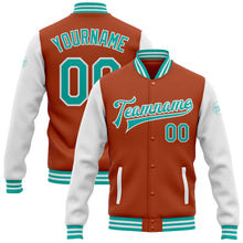 Load image into Gallery viewer, Custom Texas Orange Aqua-White Bomber Full-Snap Varsity Letterman Two Tone Jacket