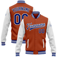 Load image into Gallery viewer, Custom Texas Orange Royal-White Bomber Full-Snap Varsity Letterman Two Tone Jacket