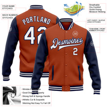 Load image into Gallery viewer, Custom Texas Orange White-Navy Bomber Full-Snap Varsity Letterman Two Tone Jacket