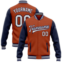 Load image into Gallery viewer, Custom Texas Orange White-Navy Bomber Full-Snap Varsity Letterman Two Tone Jacket