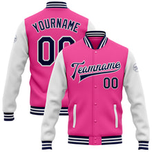 Load image into Gallery viewer, Custom Pink Navy-White Bomber Full-Snap Varsity Letterman Two Tone Jacket