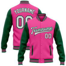 Load image into Gallery viewer, Custom Pink White-Kelly Green Bomber Full-Snap Varsity Letterman Two Tone Jacket