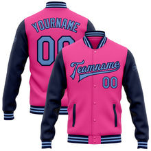 Load image into Gallery viewer, Custom Pink Light Blue-Navy Bomber Full-Snap Varsity Letterman Two Tone Jacket