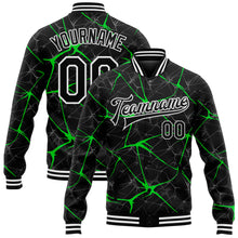 Load image into Gallery viewer, Custom Black Neon Green 3D Pattern Design Bomber Full-Snap Varsity Letterman Jacket