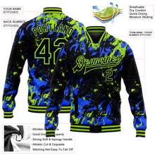 Load image into Gallery viewer, Custom Black Neon Green-Royal 3D Pattern Design Bomber Full-Snap Varsity Letterman Jacket