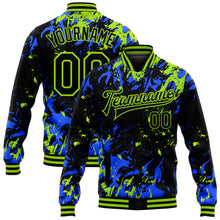 Load image into Gallery viewer, Custom Black Neon Green-Royal 3D Pattern Design Bomber Full-Snap Varsity Letterman Jacket
