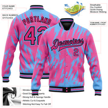 Load image into Gallery viewer, Custom Pink Light Blue-Black 3D Pattern Design Bomber Full-Snap Varsity Letterman Jacket