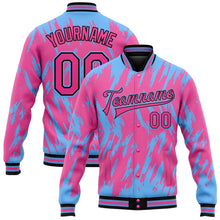 Load image into Gallery viewer, Custom Pink Light Blue-Black 3D Pattern Design Bomber Full-Snap Varsity Letterman Jacket