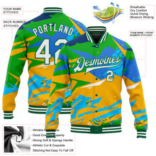 Load image into Gallery viewer, Custom Graffiti Pattern White-Kelly Green Hiphop Abstract Urban Street Art 3D Bomber Full-Snap Varsity Letterman Jacket