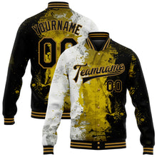 Load image into Gallery viewer, Custom Graffiti Pattern Black-Old Gold Grunge Art 3D Bomber Full-Snap Varsity Letterman Jacket