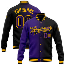 Load image into Gallery viewer, Custom Black Purple-Gold Bomber Full-Snap Varsity Letterman Gradient Fashion Jacket