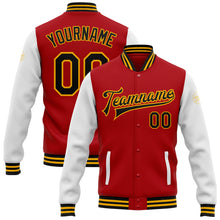 Load image into Gallery viewer, Custom Red Black-Gold Bomber Full-Snap Varsity Letterman Two Tone Jacket