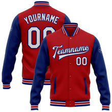 Load image into Gallery viewer, Custom Red White-Royal Bomber Full-Snap Varsity Letterman Two Tone Jacket