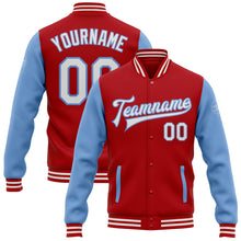 Load image into Gallery viewer, Custom Red White-Light Blue Bomber Full-Snap Varsity Letterman Two Tone Jacket