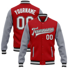 Load image into Gallery viewer, Custom Red White Black-Gray Bomber Full-Snap Varsity Letterman Two Tone Jacket