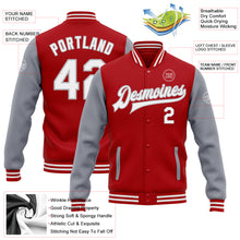 Load image into Gallery viewer, Custom Red White-Gray Bomber Full-Snap Varsity Letterman Two Tone Jacket