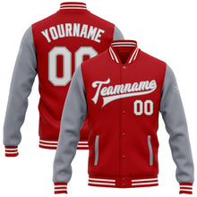 Load image into Gallery viewer, Custom Red White-Gray Bomber Full-Snap Varsity Letterman Two Tone Jacket