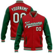 Load image into Gallery viewer, Custom Red White-Kelly Green Bomber Full-Snap Varsity Letterman Two Tone Jacket