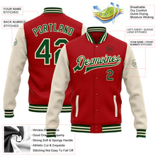 Load image into Gallery viewer, Custom Red Green-Cream Bomber Full-Snap Varsity Letterman Two Tone Jacket