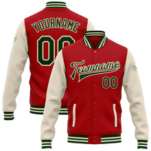 Load image into Gallery viewer, Custom Red Green-Cream Bomber Full-Snap Varsity Letterman Two Tone Jacket