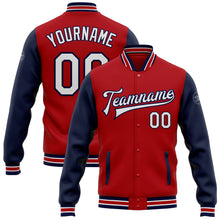 Load image into Gallery viewer, Custom Red White-Navy Bomber Full-Snap Varsity Letterman Two Tone Jacket
