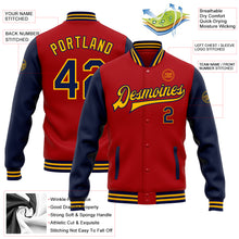 Load image into Gallery viewer, Custom Red Navy-Gold Bomber Full-Snap Varsity Letterman Two Tone Jacket