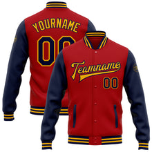 Load image into Gallery viewer, Custom Red Navy-Gold Bomber Full-Snap Varsity Letterman Two Tone Jacket