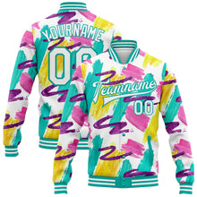 Load image into Gallery viewer, Custom Graffiti Pattern White-Aqua Abstract Watercolor 3D Bomber Full-Snap Varsity Letterman Jacket
