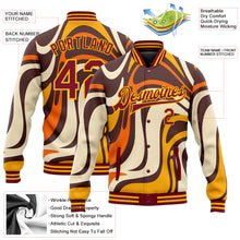 Load image into Gallery viewer, Custom Graffiti Pattern Crimson-Gold Groovy Psychedelic 3D Bomber Full-Snap Varsity Letterman Jacket