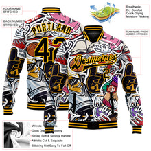 Load image into Gallery viewer, Custom Graffiti Pattern Black-Gold Vintage College Colorful Art 3D Bomber Full-Snap Varsity Letterman Jacket