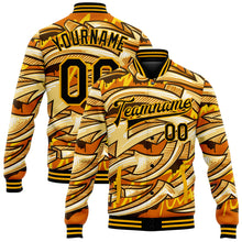 Load image into Gallery viewer, Custom Graffiti Pattern Black-Gold Bright Colored Funky Abstract Arrows 3D Bomber Full-Snap Varsity Letterman Jacket