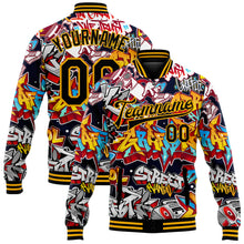 Load image into Gallery viewer, Custom Graffiti Pattern Black-Gold Grunge Urban Street Art 3D Bomber Full-Snap Varsity Letterman Jacket