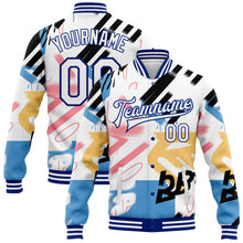 Load image into Gallery viewer, Custom Graffiti Pattern White-Royal Grunge Art 3D Bomber Full-Snap Varsity Letterman Jacket
