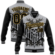 Load image into Gallery viewer, Custom Gray Black-Old Gold Skull With Thorns 3D Bomber Full-Snap Varsity Letterman Two Tone Jacket