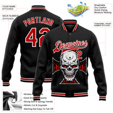 Load image into Gallery viewer, Custom Black Red-White Skull With Cross Logo 3D Bomber Full-Snap Varsity Letterman Jacket