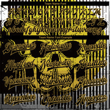 Load image into Gallery viewer, Custom Black Old Gold Skull With Butterfly 3D Bomber Full-Snap Varsity Letterman Jacket