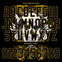 Load image into Gallery viewer, Custom Black Old Gold Skull With Wing 3D Bomber Full-Snap Varsity Letterman Jacket