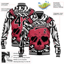 Load image into Gallery viewer, Custom Black White Pink Skull With Heart Shaped Eyes 3D Bomber Full-Snap Varsity Letterman Jacket