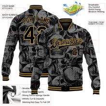 Load image into Gallery viewer, Custom Black Old Gold Skull Fashion 3D Bomber Full-Snap Varsity Letterman Jacket