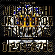 Load image into Gallery viewer, Custom Black Old Gold Skull With Gold Crown And Crossing Bones 3D Bomber Full-Snap Varsity Letterman Jacket